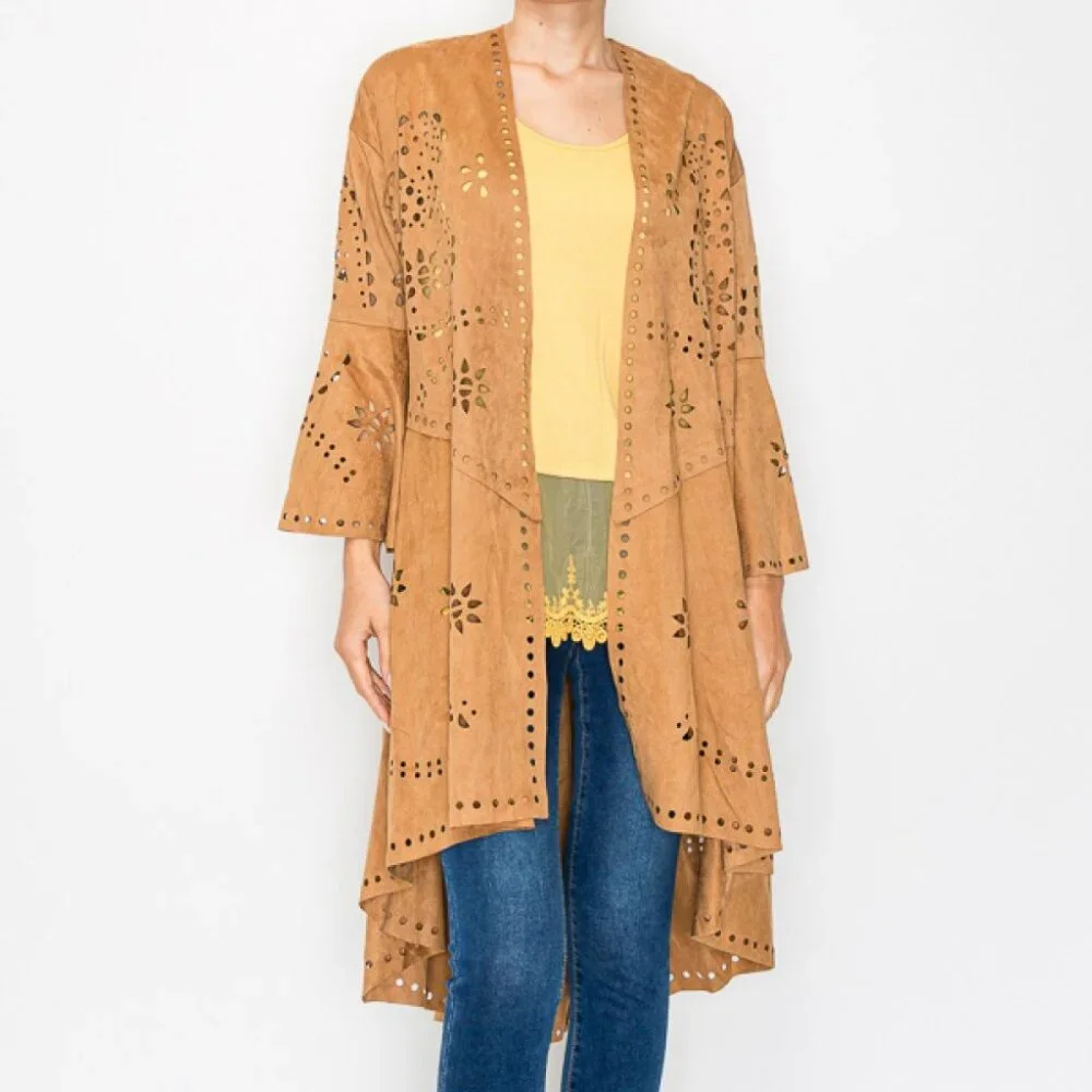 NEW ORIGAMI faux suede duster JACKET kimono cardigan WESTERN BOHO laser cut S-2X - Picture 3 of 10